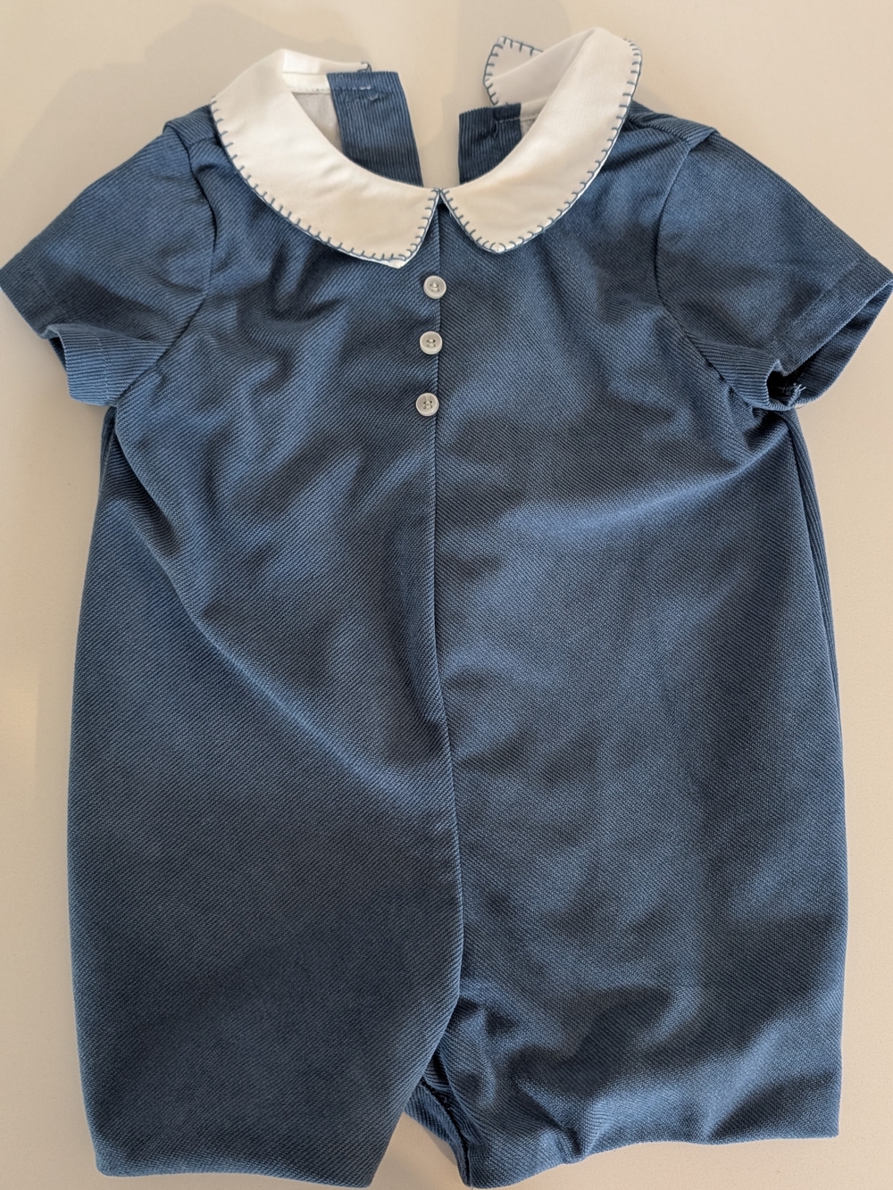 Blue Baby Boy Short Romper with White Peter Pan Collar Edgehill 6m